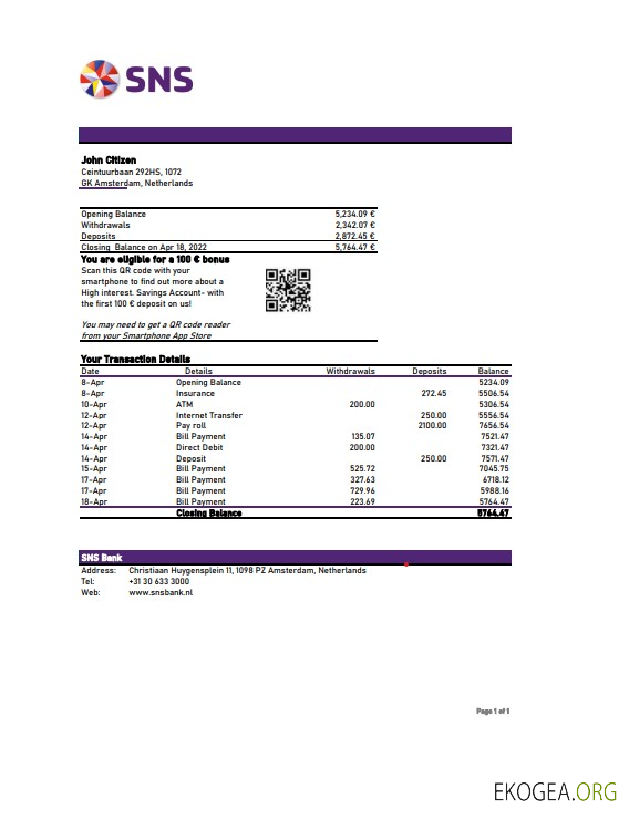 Modèle Excel et PDF de relevé bancaire SNS des Pays Bas